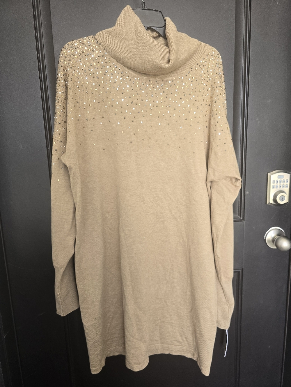 Calvin Klein Women Beige Embellished Cowl Neck Sweater Dress Sz Large Rhinestone - Picture 5 of 12